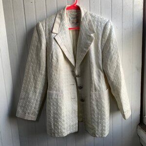 Vintage Clara Clara Vinette NY White Silver Metal Thread 3 Button Blazer